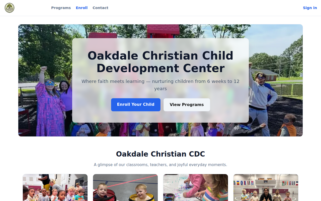 Oakdale Christian CDC website — desktop view
